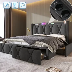 Generique Lit avec rangement 140x200 cm double capitonné avec ports USB et 4 tiroirs, structure lin et bois, gris, sans matelas* Lit Avec Rangement