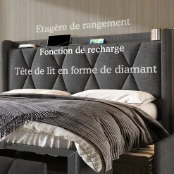 Generique Lit avec rangement 140x200 cm double capitonné avec ports USB et 4 tiroirs, structure lin et bois, gris, sans matelas* Lit Avec Rangement