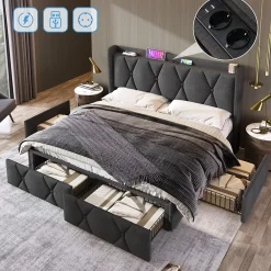 Generique Lit avec rangement 140x200 cm double capitonné avec ports USB et 4 tiroirs, structure lin et bois, gris, sans matelas* Lit Avec Rangement