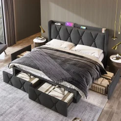 Generique Lit avec rangement 140x200 cm double capitonné avec ports USB et 4 tiroirs, structure lin et bois, gris, sans matelas* Lit Avec Rangement