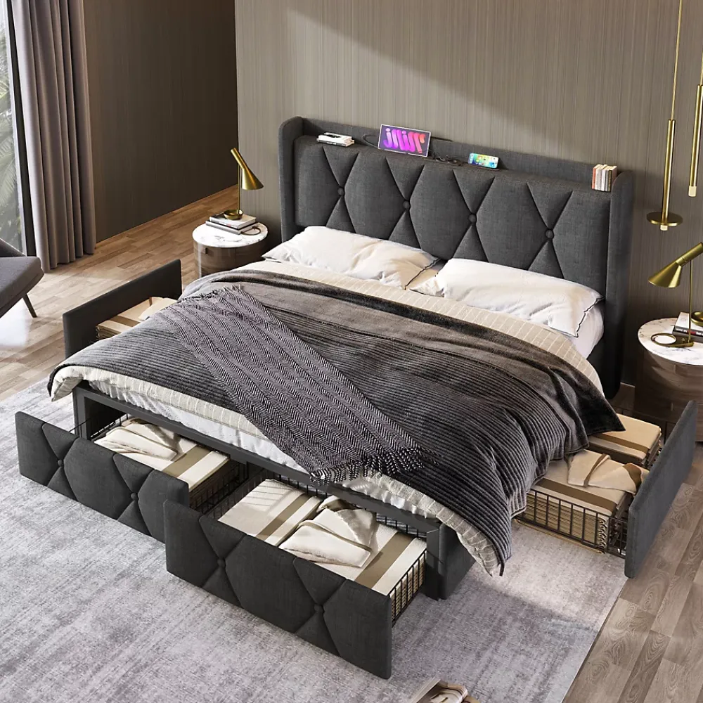 Generique Lit avec rangement 140x200 cm double capitonné avec ports USB et 4 tiroirs, structure lin et bois, gris, sans matelas* Lit Avec Rangement