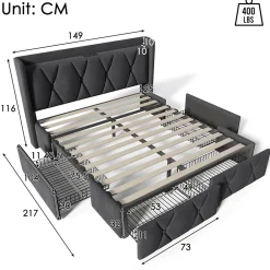 Generique Lit avec rangement 140x200 cm double capitonné avec ports USB et 4 tiroirs, structure lin et bois, gris, sans matelas* Lit Avec Rangement