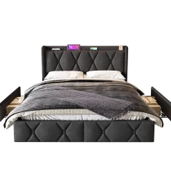 Generique Lit avec rangement 140x200 cm double capitonné avec ports USB et 4 tiroirs, structure lin et bois, gris, sans matelas* Lit Avec Rangement
