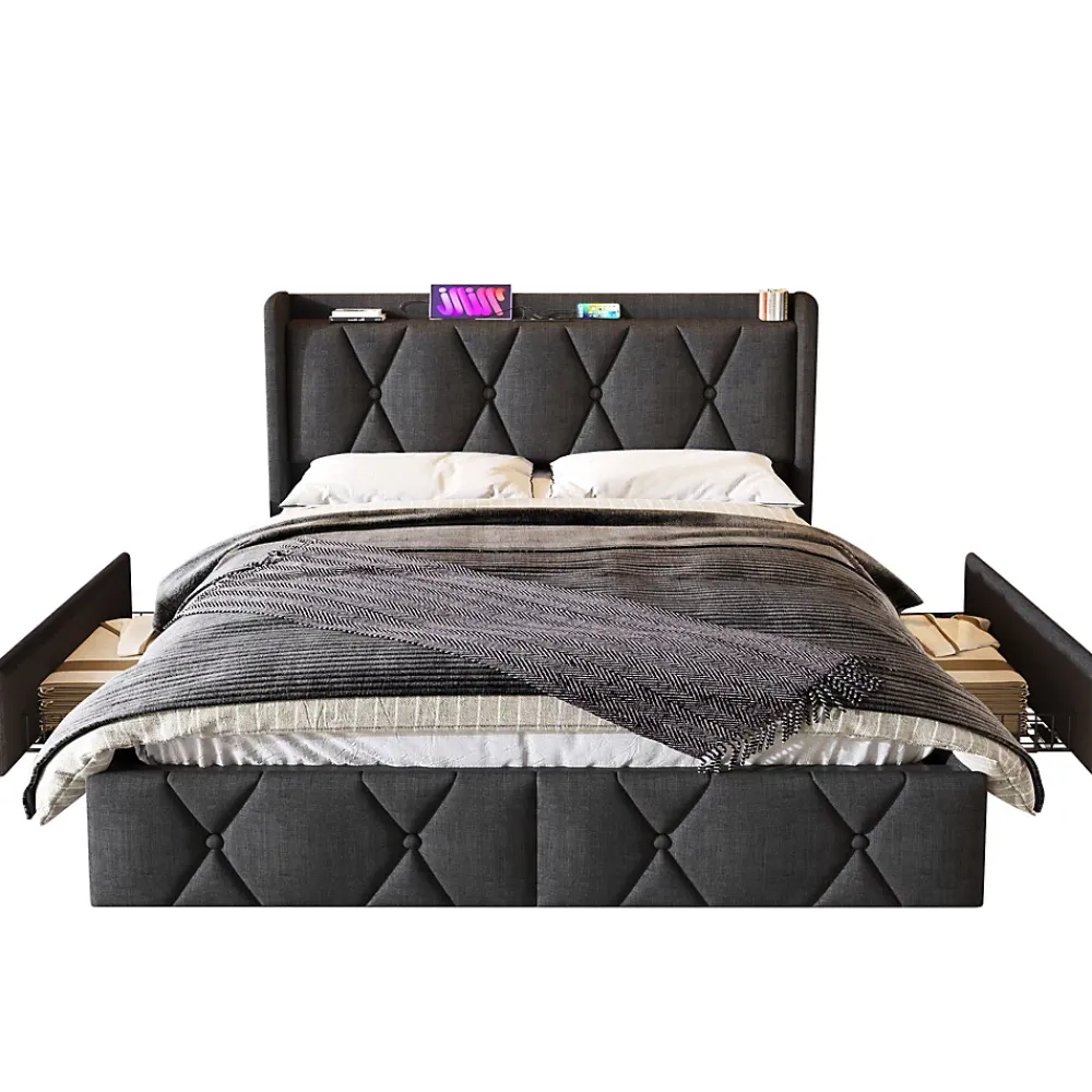 Generique Lit avec rangement 140x200 cm double capitonné avec ports USB et 4 tiroirs, structure lin et bois, gris, sans matelas* Lit Avec Rangement