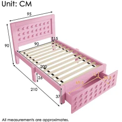 Lit avec rangement 90x200 cm, lit simple design créatif avec tiroirs intégrés, structure MDF et bois massif, rose sans matelas><noscript><img width=