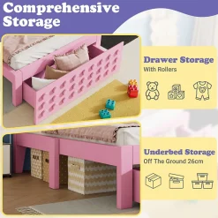 Lit avec rangement 90x200 cm, lit simple design créatif avec tiroirs intégrés, structure MDF et bois massif, rose sans matelas><noscript><img width=