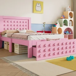Lit avec rangement 90x200 cm, lit simple design créatif avec tiroirs intégrés, structure MDF et bois massif, rose sans matelas><noscript><img width=