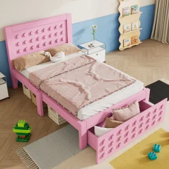 Lit avec rangement 90x190 cm, lit simple avec tiroirs pratiques et sommier inclus, MDF et bois massif, rose sans matelas>Okwish Online