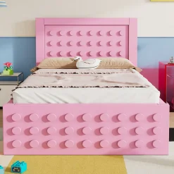 Lit avec rangement 90x190 cm, lit simple avec tiroirs pratiques et sommier inclus, MDF et bois massif, rose sans matelas>Okwish Online