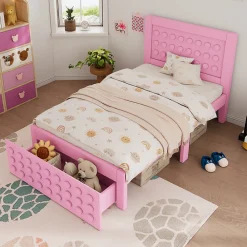 Lit avec rangement 90x190 cm, lit simple avec tiroirs pratiques et sommier inclus, MDF et bois massif, rose sans matelas><noscript><img data-lazyloaded=