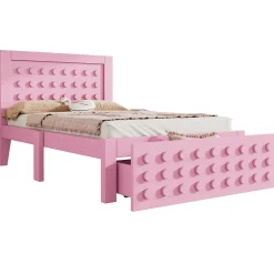 Lit avec rangement 90x190 cm, lit simple avec tiroirs pratiques et sommier inclus, MDF et bois massif, rose sans matelas><noscript><img data-lazyloaded=