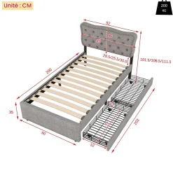 Okwish Lit avec rangement 90x200 cm simple capitonné avec 2 tiroirs et tête de lit ondulée cloutée - revêtement en lin gris* Lit Simple