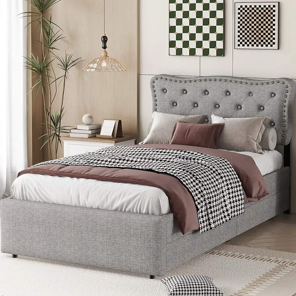 Okwish Lit avec rangement 90x200 cm simple capitonné avec 2 tiroirs et tête de lit ondulée cloutée - revêtement en lin gris* Lit Simple