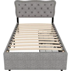 Okwish Lit avec rangement 90x200 cm simple capitonné avec 2 tiroirs et tête de lit ondulée cloutée - revêtement en lin gris* Lit Simple