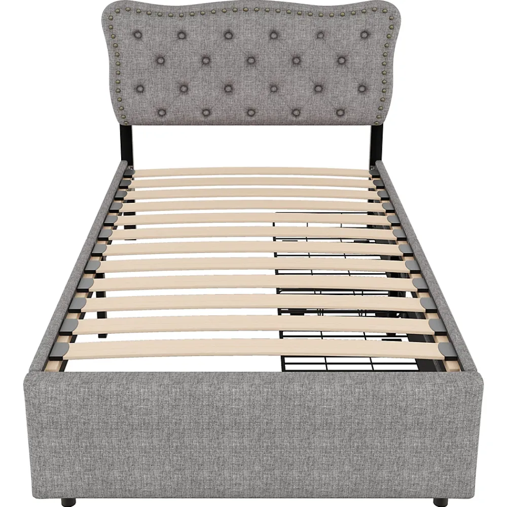 Okwish Lit avec rangement 90x200 cm simple capitonné avec 2 tiroirs et tête de lit ondulée cloutée - revêtement en lin gris* Lit Simple
