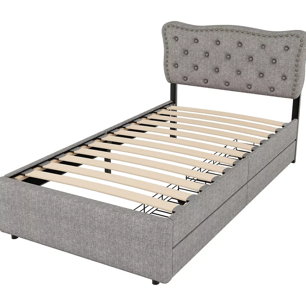 Okwish Lit avec rangement 90x200 cm simple capitonné avec 2 tiroirs et tête de lit ondulée cloutée - revêtement en lin gris* Lit Simple