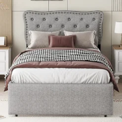 Okwish Lit avec rangement 90x200 cm simple capitonné avec 2 tiroirs et tête de lit ondulée cloutée - revêtement en lin gris* Lit Simple