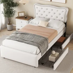 Lit avec rangement 90x200 cm simple capitonné avec 2 tiroirs et tête de lit ondulée cloutée - revêtement en lin beige clair>Okwish Sale