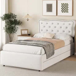 Lit avec rangement 90x200 cm simple capitonné avec 2 tiroirs et tête de lit ondulée cloutée - revêtement en lin beige clair>Okwish Sale