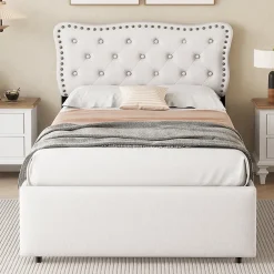 Lit avec rangement 90x200 cm simple capitonné avec 2 tiroirs et tête de lit ondulée cloutée - revêtement en lin beige clair><noscript><img width=