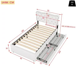 Lit avec rangement 90x200 cm simple capitonné avec 2 tiroirs et tête de lit ondulée cloutée - revêtement en lin beige clair><noscript><img width=