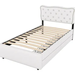 Lit avec rangement 90x200 cm simple capitonné avec 2 tiroirs et tête de lit ondulée cloutée - revêtement en lin beige clair><noscript><img width=