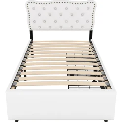 Lit avec rangement 90x200 cm simple capitonné avec 2 tiroirs et tête de lit ondulée cloutée - revêtement en lin beige clair><noscript><img width=