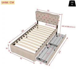 Okwish Lit avec rangement 90x200 cm simple capitonné avec 2 tiroirs et tête de lit courbée cloutée - revêtement en lin beige foncé* Lit Simple