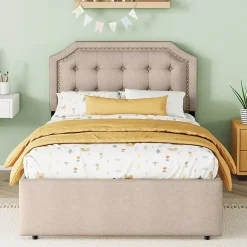 Okwish Lit avec rangement 90x200 cm simple capitonné avec 2 tiroirs et tête de lit courbée cloutée - revêtement en lin beige foncé* Lit Simple