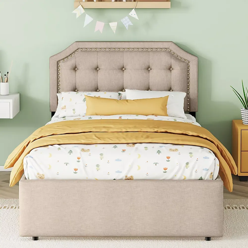 Okwish Lit avec rangement 90x200 cm simple capitonné avec 2 tiroirs et tête de lit courbée cloutée - revêtement en lin beige foncé* Lit Simple