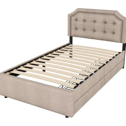 Okwish Lit avec rangement 90x200 cm simple capitonné avec 2 tiroirs et tête de lit courbée cloutée - revêtement en lin beige foncé* Lit Simple