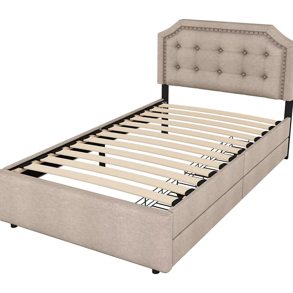 Okwish Lit avec rangement 90x200 cm simple capitonné avec 2 tiroirs et tête de lit courbée cloutée - revêtement en lin beige foncé* Lit Simple