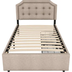 Okwish Lit avec rangement 90x200 cm simple capitonné avec 2 tiroirs et tête de lit courbée cloutée - revêtement en lin beige foncé* Lit Simple