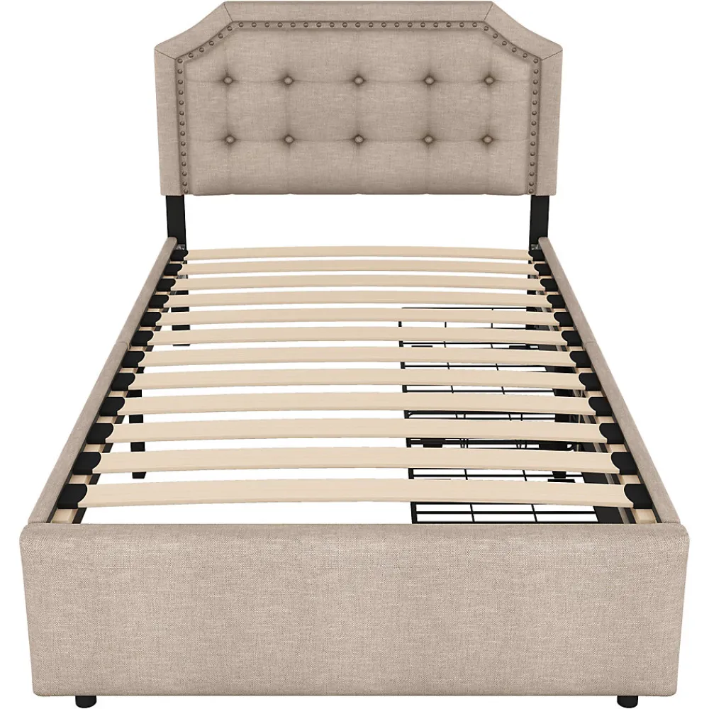 Okwish Lit avec rangement 90x200 cm simple capitonné avec 2 tiroirs et tête de lit courbée cloutée - revêtement en lin beige foncé* Lit Simple