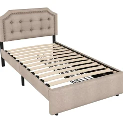 Okwish Lit avec rangement 90x200 cm simple capitonné avec 2 tiroirs et tête de lit courbée cloutée - revêtement en lin beige foncé* Lit Simple