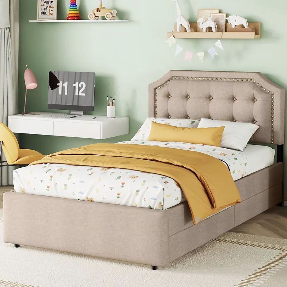 Okwish Lit avec rangement 90x200 cm simple capitonné avec 2 tiroirs et tête de lit courbée cloutée - revêtement en lin beige foncé* Lit Simple