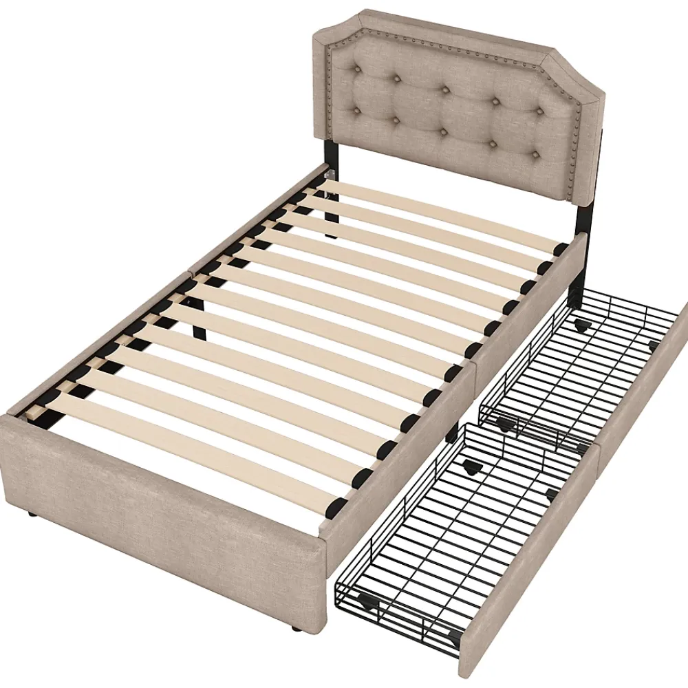Okwish Lit avec rangement 90x200 cm simple capitonné avec 2 tiroirs et tête de lit courbée cloutée - revêtement en lin beige foncé* Lit Simple