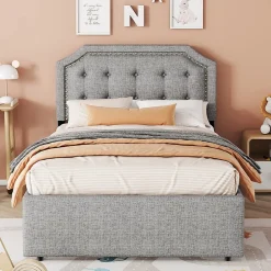 Okwish Lit avec rangement 90x200 cm simple capitonné avec 2 tiroirs et tête de lit courbée cloutée - revêtement en lin gris* Lit Simple