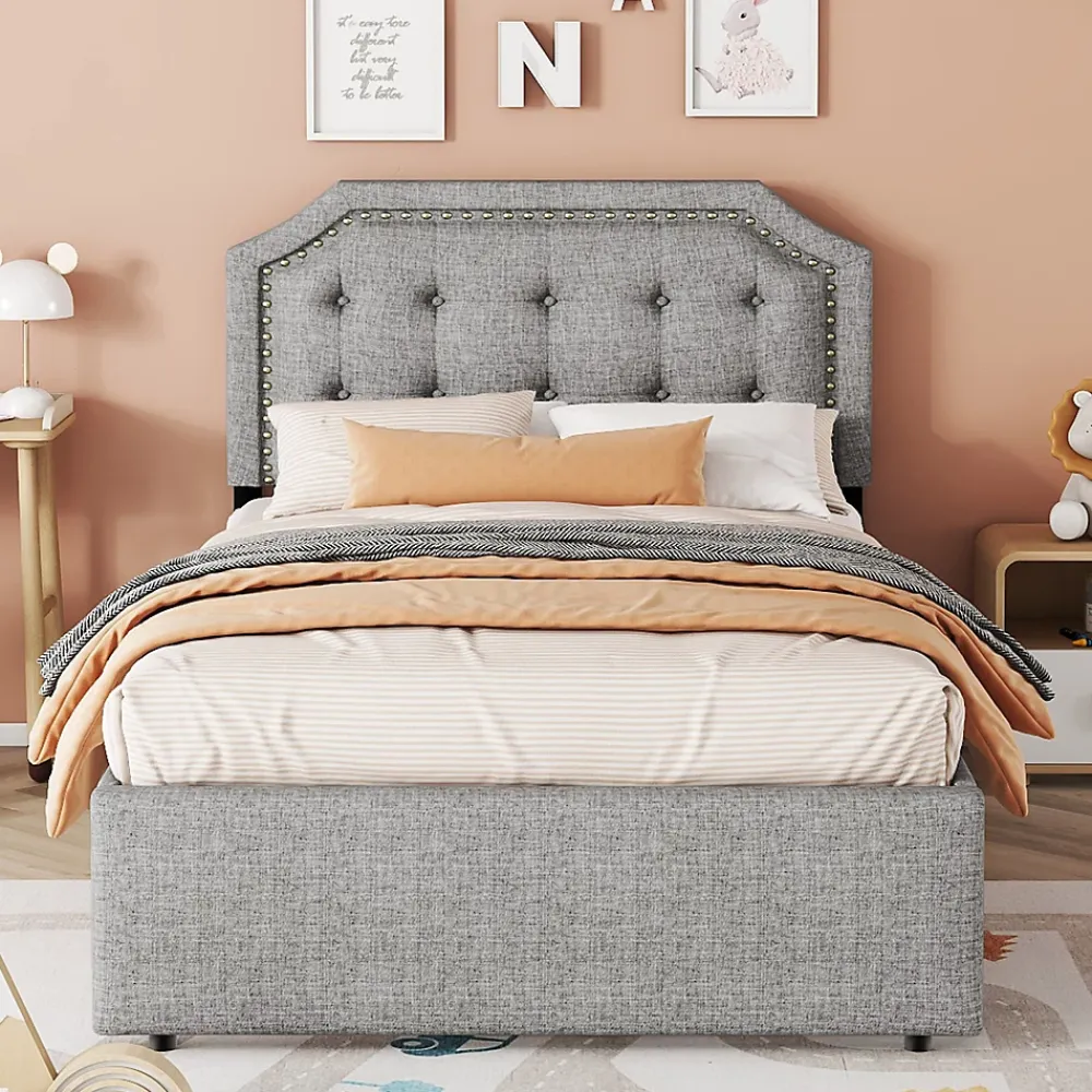 Okwish Lit avec rangement 90x200 cm simple capitonné avec 2 tiroirs et tête de lit courbée cloutée - revêtement en lin gris* Lit Simple