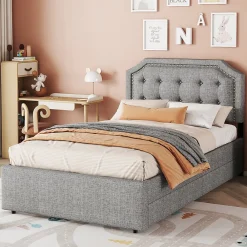 Okwish Lit avec rangement 90x200 cm simple capitonné avec 2 tiroirs et tête de lit courbée cloutée - revêtement en lin gris* Lit Simple
