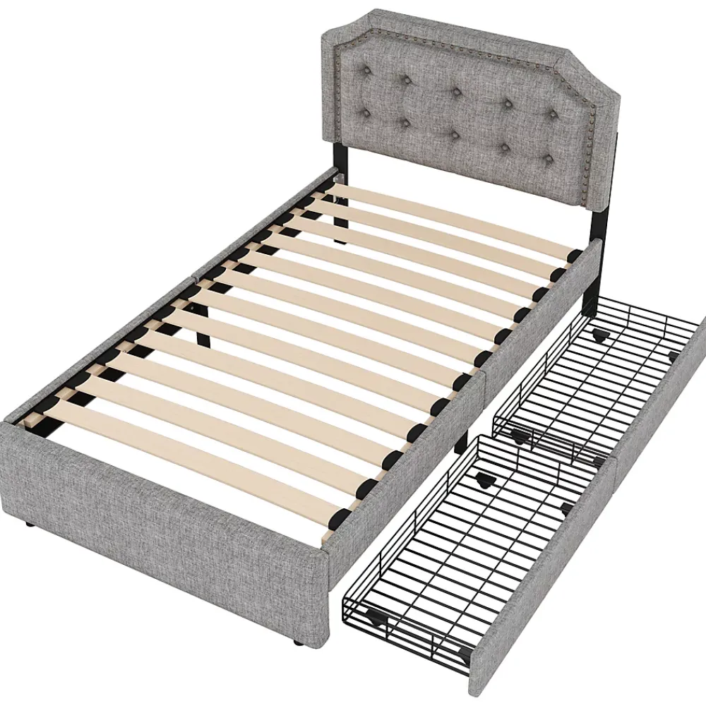 Okwish Lit avec rangement 90x200 cm simple capitonné avec 2 tiroirs et tête de lit courbée cloutée - revêtement en lin gris* Lit Simple