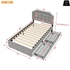 Okwish Lit avec rangement 90x200 cm simple capitonné avec 2 tiroirs et tête de lit courbée cloutée - revêtement en lin gris* Lit Simple