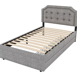 Okwish Lit avec rangement 90x200 cm simple capitonné avec 2 tiroirs et tête de lit courbée cloutée - revêtement en lin gris* Lit Simple