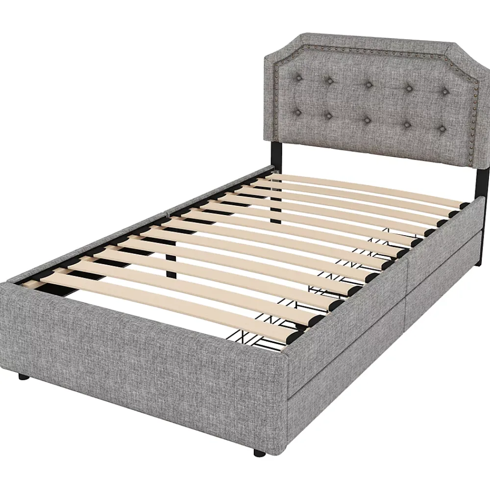 Okwish Lit avec rangement 90x200 cm simple capitonné avec 2 tiroirs et tête de lit courbée cloutée - revêtement en lin gris* Lit Simple
