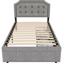 Okwish Lit avec rangement 90x200 cm simple capitonné avec 2 tiroirs et tête de lit courbée cloutée - revêtement en lin gris* Lit Simple