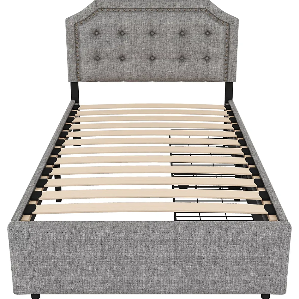 Okwish Lit avec rangement 90x200 cm simple capitonné avec 2 tiroirs et tête de lit courbée cloutée - revêtement en lin gris* Lit Simple