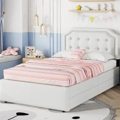 Lit avec rangement 90x200 cm simple capitonné avec 2 tiroirs et tête de lit courbée cloutée - revêtement en lin beige foncé>Okwish