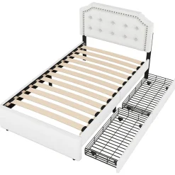 Lit avec rangement 90x200 cm simple capitonné avec 2 tiroirs et tête de lit courbée cloutée - revêtement en lin beige foncé><noscript><img width=