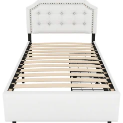 Lit avec rangement 90x200 cm simple capitonné avec 2 tiroirs et tête de lit courbée cloutée - revêtement en lin beige foncé><noscript><img width=