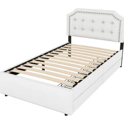 Lit avec rangement 90x200 cm simple capitonné avec 2 tiroirs et tête de lit courbée cloutée - revêtement en lin beige foncé><noscript><img width=